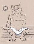  3_toes anthro belly bench blush blush_lines bodily_fluids chance_furlong claws corgi_(artist) domestic_cat feet felid feline felis hanna-barbera male mammal navel nipples pecs penis_peek sauna scientific_instrument smile smiley_face solo stripes_fur swat_kats sweat thermometer toes towel 