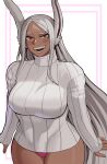  1girl alternate_costume animal_ear_fluff animal_ears arms_at_sides artist_name blush boku_no_hero_academia breasts cowboy_shot curvy dark-skinned_female dark_skin forehead grey_hair gud0c highres impossible_clothes impossible_sweater large_breasts long_hair looking_at_viewer mirko open_mouth outline panties parted_bangs patterned_background pink_panties rabbit_ears raised_eyebrow red_eyes ribbed_sweater shiny_skin sidelocks sleeves_past_wrists slit_pupils smile solo sweater teeth thighs turtleneck turtleneck_sweater underwear very_long_hair white_background white_sweater 