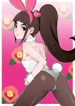  1girl animal_ears ass boruto:_naruto_next_generations breasts brown_hair brown_pantyhose closed_mouth fake_animal_ears fake_tail from_behind highres hiropon_(hjxp2347) kurogane_tsubaki leotard long_hair looking_back naruto_(series) pantyhose pink_eyes playboy_bunny ponytail rabbit_ears rabbit_tail small_breasts solo tail white_leotard white_wrist_cuffs 