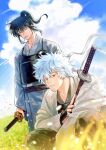  2boys akamaru_(ninech79) black_hair black_vest blue_eyes blue_robe blue_sky character_request cigarette cloud cowboy_shot gintama grass headband highres knees male_focus multiple_boys outdoors ponytail robe sakata_gintoki sky squatting sword vest weapon white_headband white_robe 