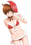  1girl bikini blush breasts brown_eyes brown_hair choker cowboy_shot embarrassed fur-trimmed_bikini fur-trimmed_headwear fur_trim hat highres key_(kagibangou) looking_at_viewer navel nervous_smile original pom_pom_(clothes) red_bikini red_headwear ribbon_choker santa_bikini santa_hat short_hair simple_background small_breasts smile solo swimsuit white_background 