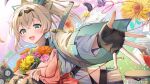  1girl aqua_eyes black_gloves blonde_hair bouquet crossed_bangs eggplant fingerless_gloves flower gloves haori holding holding_bouquet hololive japanese_clothes kazama_iroha looking_at_viewer official_art open_mouth orange_flower pink_flower ponytail sarashi sidelocks solo speaker summer_tail720 sunflower sword virtual_youtuber weapon white_flower wide_sleeves yellow_flower 