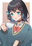  1girl aqua_bow aqua_eyes aqua_hair black_choker black_hair blue_sweater blush border bow bowtie brown_background cat_choker choker collared_shirt colored_inner_hair commentary_request cup go_onnu gradient_background gradient_hair hair_bow hand_up highres holding holding_cup hot_drink long_sleeves looking_at_object loose_bowtie medium_hair miyamai_moca multicolored_hair open_mouth outside_border red_bow red_bowtie shirt smile solo steam sweater teacup upper_body voicepeak wavy_hair white_border white_shirt 