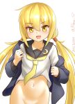  blonde_hair bottomless crescent crescent_pin dated kantai_collection long_hair navel no_panties one-hour_drawing_challenge ray.s sailor_collar satsuki_(kancolle) simple_background twintails twitter_username yellow_eyes 