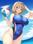  1girl ball beach beachball black_one-piece_swimsuit blonde_hair blue_eyes blue_one-piece_swimsuit breasts competition_swimsuit covered_navel day headgear highres impossible_clothes impossible_swimsuit kantai_collection large_breasts looking_back montemasa ocean one-hour_drawing_challenge one-piece_swimsuit rodney_(kancolle) short_hair smile solo swimsuit two-tone_swimsuit water 