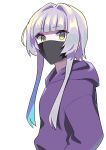  1girl black_mask blunt_bangs bocchi_the_rock! commentary grey_hair hasegawa_akubi highres hood hoodie long_sleeves looking_at_viewer mask mouth_mask purple_hoodie shadow short_hair_with_long_locks sidelocks simple_background solo totobe upper_body white_background yellow_eyes 