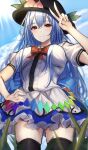 1girl 7saki blue_hair blue_sky bow copyright_request duplicate frilled_skirt frills highres hinanawi_tenshi long_hair on_grass pixel-perfect_duplicate red_bow red_eyes salute short_sleeves skirt sky smile two-finger_salute very_long_hair 