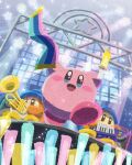  blue_headwear blush_stickers colored_skin glowstick highres holding_glowstick instrument keyboard_(instrument) kirby kirby_(series) kirby_30th_anniversary_music_festival miclot no_humans open_mouth pink_skin smile solid_oval_eyes stage_lights star_(symbol) trumpet waddle_dee 
