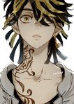  1boy bell bell_earrings black_hair blonde_hair commentary earrings hanemiya_kazutora jewelry long_hair male_focus mole mole_under_eye multicolored_hair neck_tattoo nori20170709 parted_lips simple_background single_earring solo symbol-only_commentary tattoo tokyo_revengers twitter_username two-tone_hair white_background yellow_eyes 
