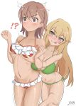  2girls absurdres bikini blonde_hair blush breasts brown_eyes brown_hair embarrassed english_commentary female_pervert green_bikini groping highres large_breasts misaka_mikoto multiple_girls navel pervert red_bikini shokuhou_misaki simple_background smirk star_(symbol) star_in_eye string_bikini swimsuit symbol_in_eye thighs toaru_kagaku_no_railgun toaru_majutsu_no_index tongue tongue_out vaniste white_background yuri 