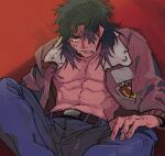  1boy abs belt black_belt black_eyes black_hair blue_pants bomber_jacket brown_jacket bruise clenched_teeth commentary_request crying crying_with_eyes_open denim feet_out_of_frame fingernails hair_between_eyes hair_over_one_eye highres injury inudori itou_kaiji jacket jeans kaiji long_bangs long_hair looking_at_viewer male_focus nipples no_shirt open_clothes open_jacket pants parted_bangs red_background solo tears teeth 