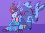  2022 anthro areola big_breasts biped blue_areola blue_body blue_hair blue_tail breasts claws duo ear_piercing female fish hair marine nonbinary_bunny paws piercing red_body red_hair red_tail shark tail thick_thighs 