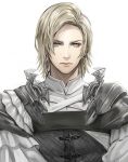  1boy armor blonde_hair brown_eyes closed_mouth dion_lesage earrings ff14_nr final_fantasy final_fantasy_xvi highres jacket jewelry looking_at_viewer male_focus pauldrons short_hair shoulder_armor simple_background single_pauldron solo upper_body v-shaped_eyebrows white_background white_jacket 