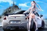  1girl :d absurdres alternate_costume ass azur_lane black_ribbon blue_horns blue_sky breasts car cleavage cloud commentary day earrings elbow_gloves fingerless_gloves full_body gloves hair_between_eyes hair_ribbon high_heels highres horns jewelry kcar66t large_breasts location_request long_hair looking_at_viewer motor_vehicle open_mouth outdoors race_queen real_world_location ribbon shirt sidelocks skindentation sky smile solo standing suffren_(azur_lane) thighhighs vehicle_request white_footwear white_gloves white_hair white_shirt white_thighhighs 