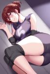  1girl blush breasts brown_hair closed_mouth commentary_request elbow_pads feet_out_of_frame huyumitsu knee_pads large_breasts looking_at_viewer lying on_side original purple_eyes smile solo 