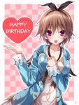  1girl :d black_ribbon blue_jacket blush border brown_hair chaamii character_request checkered_background clenched_hand collarbone eyelashes eyes_visible_through_hair hair_between_eyes hands_up happy_birthday hapymaher head_tilt heart highres jacket long_hair long_sleeves looking_at_viewer low_ponytail open_clothes open_hand open_jacket open_mouth pink_background purple_eyes ribbon shirt signature simple_background smile solo spiked_hair tsurime upper_body white_border white_shirt 