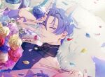  1boy animal_ears bishounen blue_flower blue_rose bouquet confetti flower fox_boy fox_ears gem heterochromia highres holding holding_bouquet holding_flower holding_smoking_pipe komekashi_kani kuya_(nu_carnival) long_sleeves looking_at_viewer male_focus mole mole_under_eye nu_carnival parted_lips petals pink_flower pink_rose purple_eyes purple_flower purple_hair purple_nails purple_rose red_flower red_rose rose rose_petals short_hair smile smoking_pipe white_flower white_rose yellow_eyes yellow_flower yellow_rose 