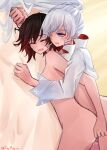  2girls absurdres artist_name black_hair blue_eyes blush closed_eyes earrings futa_with_female futanari gradient_hair highres holding_another&#039;s_wrist jacket jewelry long_hair multicolored_hair multiple_girls no_pants nude ponytail red_hair ruby_rose rwby saliva scar scar_across_eye sex sex_from_behind short_sleeves tuemei vaginal weiss_schnee white_hair white_jacket yuri 