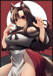  2023 5_fingers absurd_res animal_humanoid breasts brown_hair canid canid_humanoid colored_nails female fingers hair hi_res humanoid kagerou_imaizumi looking_at_viewer mammal mammal_humanoid nails neko_kaminari80 red_background red_eyes red_nails simple_background smile solo touhou 
