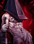  1boy blood blood_on_clothes blood_on_gloves dead_by_daylight edith_lanzhen gloves helmet highres holding holding_sword holding_weapon large_pectorals male_focus muscular muscular_male pectorals pyramid_head silent_hill_(series) silent_hill_2 solo sword twitter_username weapon white_gloves 