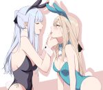  2girls absurdres ak-12_(girls&#039;_frontline) alternate_costume an-94_(girls&#039;_frontline) animal_ears aqua_eyes aqua_leotard black_leotard blonde_hair blush braid breasts cleavage closed_eyes fake_animal_ears feet_out_of_frame french_braid girls&#039;_frontline highres kavni leotard long_hair looking_at_another medium_breasts multiple_girls open_mouth playboy_bunny ponytail rabbit_ears rabbit_tail saliva_swap sidelocks simple_background small_breasts tail tongue tongue_out upper_body white_hair white_wrist_cuffs wrist_cuffs yuri 