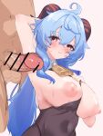  1boy 1girl absurdres ahoge arm_up armpit_sex armpits bar_censor bare_shoulders bell between_breasts black_leotard blue_hair blush bodystocking bodysuit breasts breasts_out censored clothes_between_breasts clothes_pull covered_navel ganyu_(genshin_impact) genshin_impact highres horns large_breasts leotard leotard_under_clothes looking_at_another low_ponytail multicolored_eyes naoonaao neck_bell nipples penis puffy_nipples pulled_by_self purple_eyes sidelocks sweat upper_body wavy_mouth 