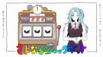  1girl angela_(project_moon) ap5ry black_vest blue_hair clock closed_mouth collared_shirt frown gears highres lobotomy_corporation long_hair long_sleeves looking_at_viewer necktie one_eye_closed own_hands_together project_moon rainbow_text red_necktie sayonara_jackpot_(vocaloid) shirt simple_background slot_machine solo upper_body vest white_background white_shirt wing_collar yellow_eyes 