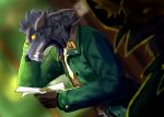  2023 ambiguous_gender anthro blurred_background canid canine canine_teeth canis clothing coat delp dire_(fortnite) emblem epic_games fortnite fur gloved_hands gloves green_clothing green_coat green_topwear grey_body grey_fur handwear heathcliff_(limbus_company) hi_res limbus_company mammal necktie nervous_expression number paper project_moon seven_association solo topwear wolf yellow_necktie 