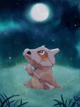  animal_focus black_eyes bone commentary_request cubone full_moon grass hanabusaoekaki highres holding holding_bone mask moon night night_sky no_humans on_grass pokemon pokemon_(creature) sitting skull_mask sky solo star_(sky) tail 