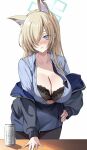  1girl animal_ear_fluff animal_ears beer_can black_bra black_pants blonde_hair blue_archive blue_eyes blue_shirt blue_skirt blush bra breasts can cleavage collared_shirt grey_jacket hair_over_one_eye halo harimoji highres jacket kanna_(blue_archive) large_breasts long_hair long_sleeves looking_at_viewer necktie off_shoulder pants partially_unbuttoned pencil_skirt shirt skirt solo tight_clothes tight_pants underwear 