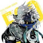  1boy artist_name beard blue_cloak cloak closed_eyes copyright_name dame_(dame_ice) dated facial_hair fate/grand_order fate_(series) herdier highres holding holding_pokemon long_hair male_focus mustache pokemon pokemon_(creature) ptolemy_(fate) 