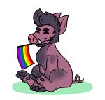  black_hair casuallynoted chibi domestic_pig feral hair happy hooves lgbt_pride male mammal object_in_mouth pride_colors silverzar snout solo suid suina sus_(pig) tail zac_(casuallynoted) 