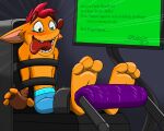  activision anthro arms_tied bandicoot blue_bottomwear blue_clothing blue_pants blush bodily_fluids bottomwear bound brown_eyebrows brown_nose brush chair chaos99 clothing crash_bandicoot crash_bandicoot_(series) crying_laughing english_text eyebrows feet fingerless_gloves foot_fetish foot_focus fur furniture glistening glistening_body glistening_feet gloves green_eyes hair handwear laugh legs_tied male mammal marsupial monitor on_chair orange_body orange_fur pants pink_inner_ear purple_brush red_hair red_tongue screen signature sitting sitting_on_chair solo tears tears_of_pleasure teeth text tickle_fetish tickle_torture tickling tickling_feet tongue tongue_out 