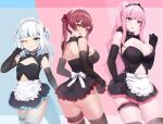  3girls alternate_costume apron ass black_dress black_gloves blue_hair blunt_bangs bow breasts cleavage commission dress elbow_gloves enmaided fins fish_tail frilled_apron frills gawr_gura gloves hair_ornament hair_ribbon heterochromia highres hololive hololive_english houshou_marine kaiend large_breasts long_hair maid maid_apron maid_headdress medium_hair mori_calliope multicolored_hair multiple_girls no_eyepatch pink_eyes pink_hair red_hair red_ribbon ribbon shark_girl shark_hair_ornament shark_tail sideboob sidelocks skirt small_breasts smile streaked_hair tail thighhighs thighs tongue twintails two_side_up virtual_youtuber waist_apron white_apron 