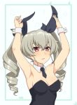  1girl ada_badguy anchovy_(girls_und_panzer) armpits black_leotard blush breasts cleavage drill_hair girls_und_panzer green_hair hair_ribbon highres large_breasts leotard long_hair necktie open_mouth playboy_bunny red_eyes ribbon solo twin_drills twintails upper_body 