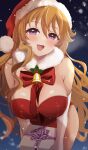 1girl :d absurdres bell blush bow breasts christmas cleavage collar commentary fur_collar gift hat highres holding holding_gift konoe_kanata large_breasts leaning_forward leotard long_hair looking_at_viewer love_live! love_live!_nijigasaki_high_school_idol_club neck_bell night open_mouth orange_hair pukonuu purple_eyes red_bow red_leotard santa_costume santa_hat signature smile snow solo strapless strapless_leotard wavy_hair white_collar 
