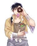  1boy bag bandaged_arm bandages black_hair closed_eyes cowboy_shot doughnut food food_in_mouth fullmetal_alchemist grey_pants highres holding holding_bag holding_food huyuyuyuyu27 ling_yao long_hair looking_through_doughnut pants paper_bag ponytail shirt simple_background solo white_background wide_sleeves yellow_shirt 