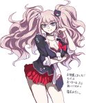  1girl bear_hair_ornament black_necktie black_shirt blonde_hair blue_eyes bow breasts cleavage collarbone cowboy_shot danganronpa:_trigger_happy_havoc danganronpa_(series) enoshima_junko hair_ornament highres large_breasts long_hair looking_at_viewer nail_polish necktie red_bow shirt skirt sleeves_past_wrists sleeves_rolled_up smile solo tetose translation_request twintails white_necktie 