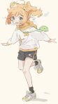  1girl absurdres ahoge blush fkurou_p full_body green_eyes highres hood hoodie idolmaster idolmaster_(classic) long_hair open_mouth orange_hair shoes shorts simple_background sketch sneakers solo standing standing_on_one_leg takatsuki_yayoi twintails white_background 