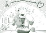  +++ 0-den 2girls :t absurdres arm_warmers blush breasts chibi chibi_inset closed_eyes closed_mouth commentary_request cup dango eating food greyscale hand_on_own_cheek hand_on_own_face happy heart highres holding holding_spoon horns hoshiguma_yuugi medium_breasts mizuhashi_parsee monochrome multiple_girls open_mouth pointy_ears scarf shaved_ice shirt short_hair short_sleeves single_horn smile solo_focus spoon steam touhou translation_request ujikintoki undershirt upper_body wagashi yunomi 