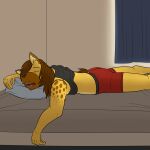  1:1 anthro bed boxer_briefs clothed clothing facial_hair furniture fuze fuzeyeen hi_res hyena lying male mammal on_bed on_front open_mouth raised_clothing raised_shirt raised_tank_top raised_topwear shirt sleeping solo spotted_hyena tank_top topwear underwear 