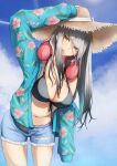  1girl absurdres bikini black_bikini black_hair bow breasts denim denim_shorts floral_print frima_(nikke) frima_(sea_of_sloth)_(nikke) goddess_of_victory:_nikke gradient_hair grey_hair hat hat_bow high_heels highres jacket large_breasts long_hair looking_at_viewer multicolored_hair navel official_alternate_costume ohal open_clothes open_jacket rolling_suitcase sandals shirt short_shorts shorts single_bare_shoulder sleeves_past_fingers sleeves_past_wrists straw_hat suitcase swimsuit thighs 
