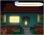  animal_crossing anthro building dialogue dialogue_box dizzy_(animal_crossing) elephant elephantid hi_res house jouigidragon lights male mammal name_in_dialogue night nintendo outside proboscidean solo speech_bubble 