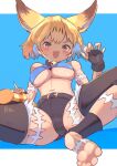  1girl :d animal_ears bare_shoulders barefoot belt black_belt black_choker black_gloves black_leggings blonde_hair blue_background blue_shirt blush breasts cat_ears cat_tail choker commentary cosplay crop_top detached_leggings fang feet fingerless_gloves fingernails foot_out_of_frame gloves hair_between_eyes highres kemono_friends large_breasts leggings looking_at_viewer ms._fortune_(skullgirls) ms._fortune_(skullgirls)_(cosplay) navel open_mouth osnmykk scar serval_(kemono_friends) shadow sharp_fingernails shirt short_hair short_shorts shorts simple_background sitting skin_fang skullgirls sleeveless sleeveless_shirt smile soles solo tail toes underboob upshirt yellow_eyes 