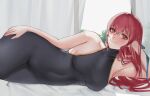  1girl absurdres black_bodysuit blush bodysuit breasts commission highres large_breasts long_hair looking_at_viewer lying milephunter noa_grandstar on_side pixiv_commission red_eyes red_hair sketch smile solo waga_himegimi_ni_eikan_wo 