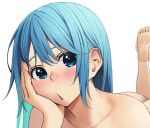  1girl :o alternate_hairstyle aqua_(konosuba) ass blue_eyes blush cheek_rest collarbone completely_nude feet_up hand_up highres izawa_(bhive003) kono_subarashii_sekai_ni_shukufuku_wo! long_hair looking_at_viewer lying nude on_stomach simple_background solo white_background 