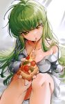  1girl absurdres bare_shoulders bodysuit breasts c.c. cleavage code_geass collarbone food green_hair highres holding holding_food holding_pizza long_bangs long_hair looking_at_viewer open_mouth pizza simple_background syukonbu thighs watermark white_bodysuit yellow_eyes 
