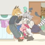  1:1 angry anthro appliance being_watched bra canid canine clothing ekaki510 female fox group kemono looking_at_another mammal panties procyonid punch raccoon raccoon_dog tanuki trio underwear washing_machine 