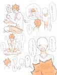  1boy 2girls ? ah_e0k barefoot blush closed_eyes collarbone crossed_legs faceless faceless_female haikyuu!! highres hinata_natsu hinata_shouyou index_finger_raised low_twintails monochrome multiple_girls orange_hair pointing shirt shorts simple_background sitting smile t-shirt twintails 