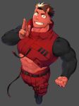  1boy abs bara belt biceps brown_hair colored_skin cropped_jacket demon demon_boy demon_horns grey_background highres horns jacket legband long_sleeves looking_at_viewer male_focus manly mature_male muscular muscular_male naop_(anything) original pants pectorals pointy_ears red_eyes red_skin shoes simple_background smile solo spiked_hair teeth thick_arms thick_eyebrows undercut 